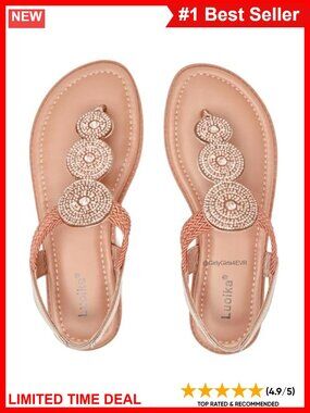 Luoika Wide Width Rhinestone Flat T-Strap Sandals Faux Leather